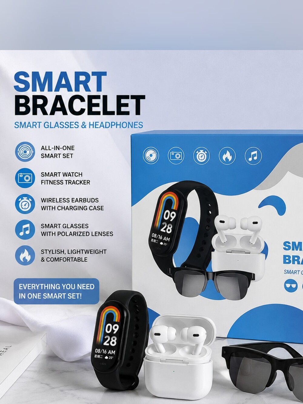 3-in-1 Smart Bracelet, Smart Glasses & Wireless Headphones Set – NEW